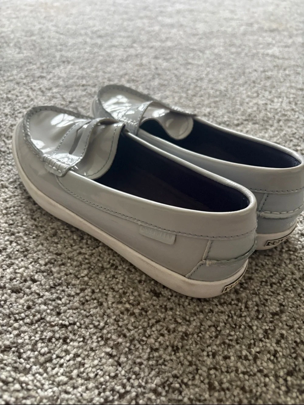 Cole Haan Light Gray Patent Penny Loafers with White Sole
